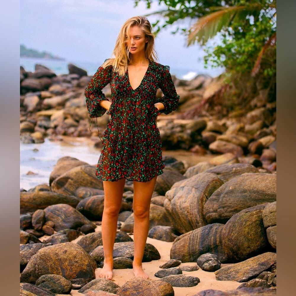 The Kooples Rosa Rosa Floral Print Mini Dress Black Red Size XS
